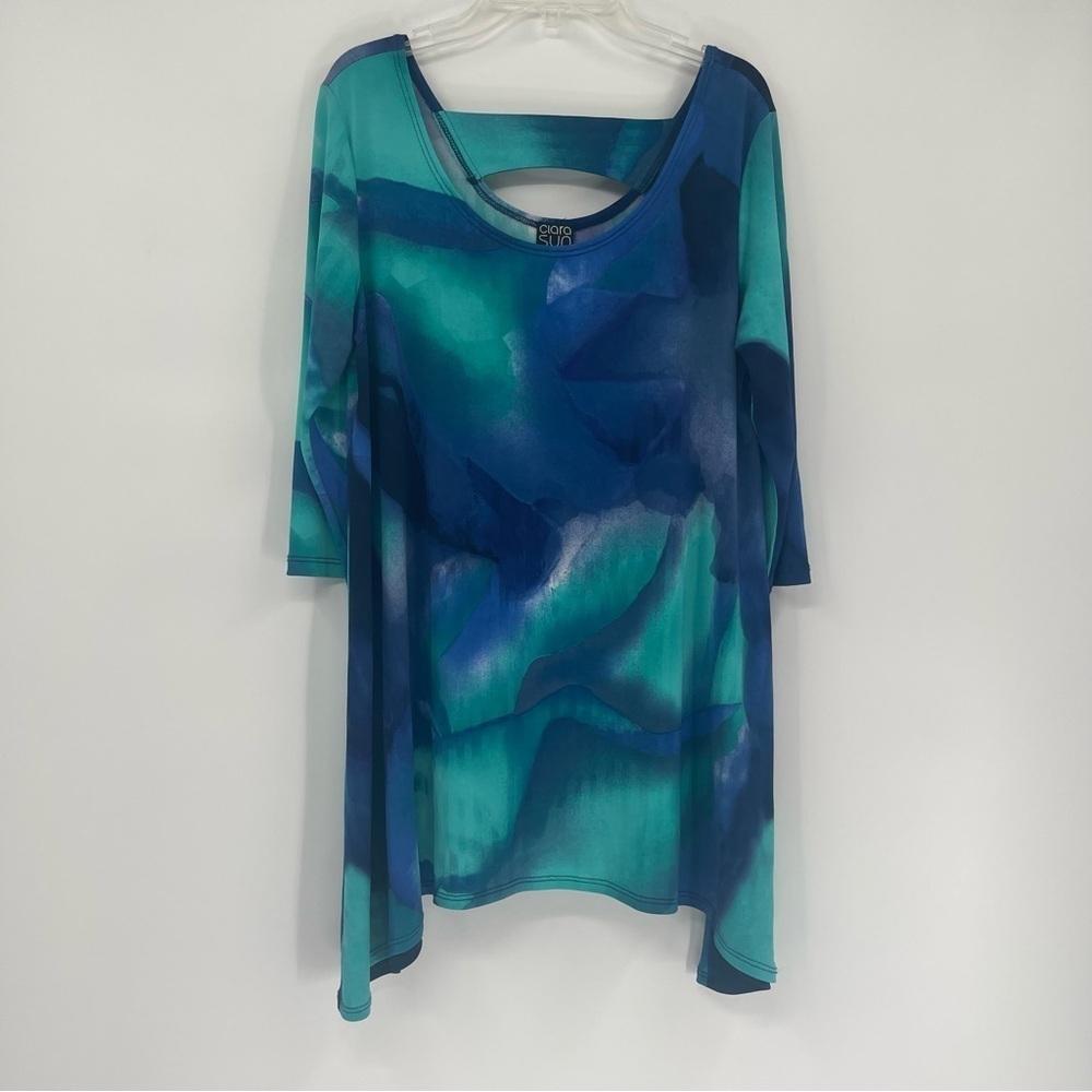 Clara Sun Woo Tie Dye Asymmetric Hem Blouse Blue Green Size Small Tunic - Picture 8 of 9